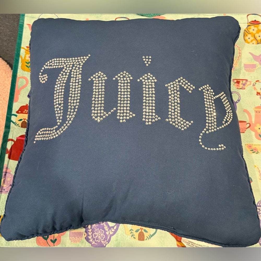 Juicy Couture Navy Blue Silver Rhinestone Logo Decorative Square Throw Pillow